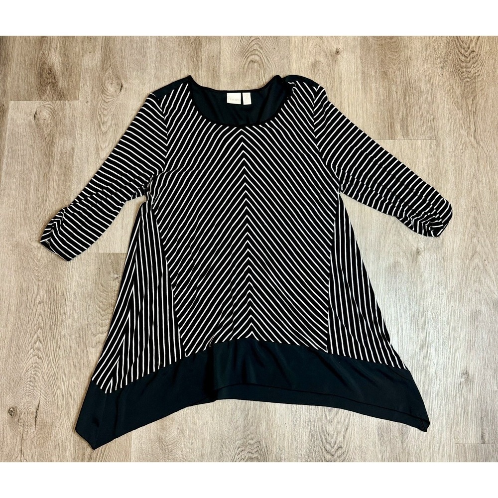 Chico's Women's Size 3 Black White Striped 3/4 Sleeve Asymmetrical Tunic‎ Top